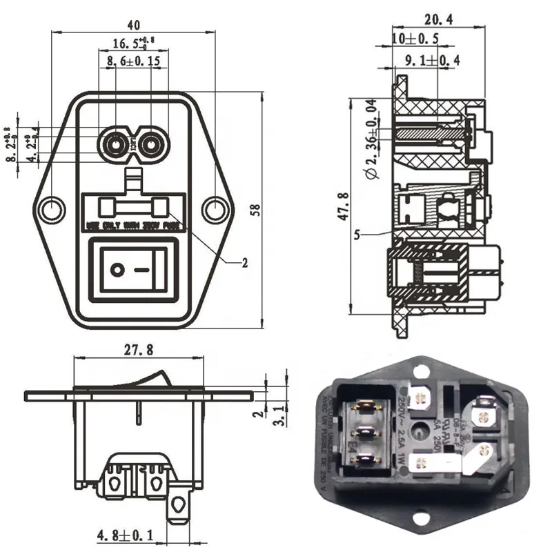 IEC 320 C8 Power Cord Inlet Socket receptacle connector With on off rocker switch and fuse 250V