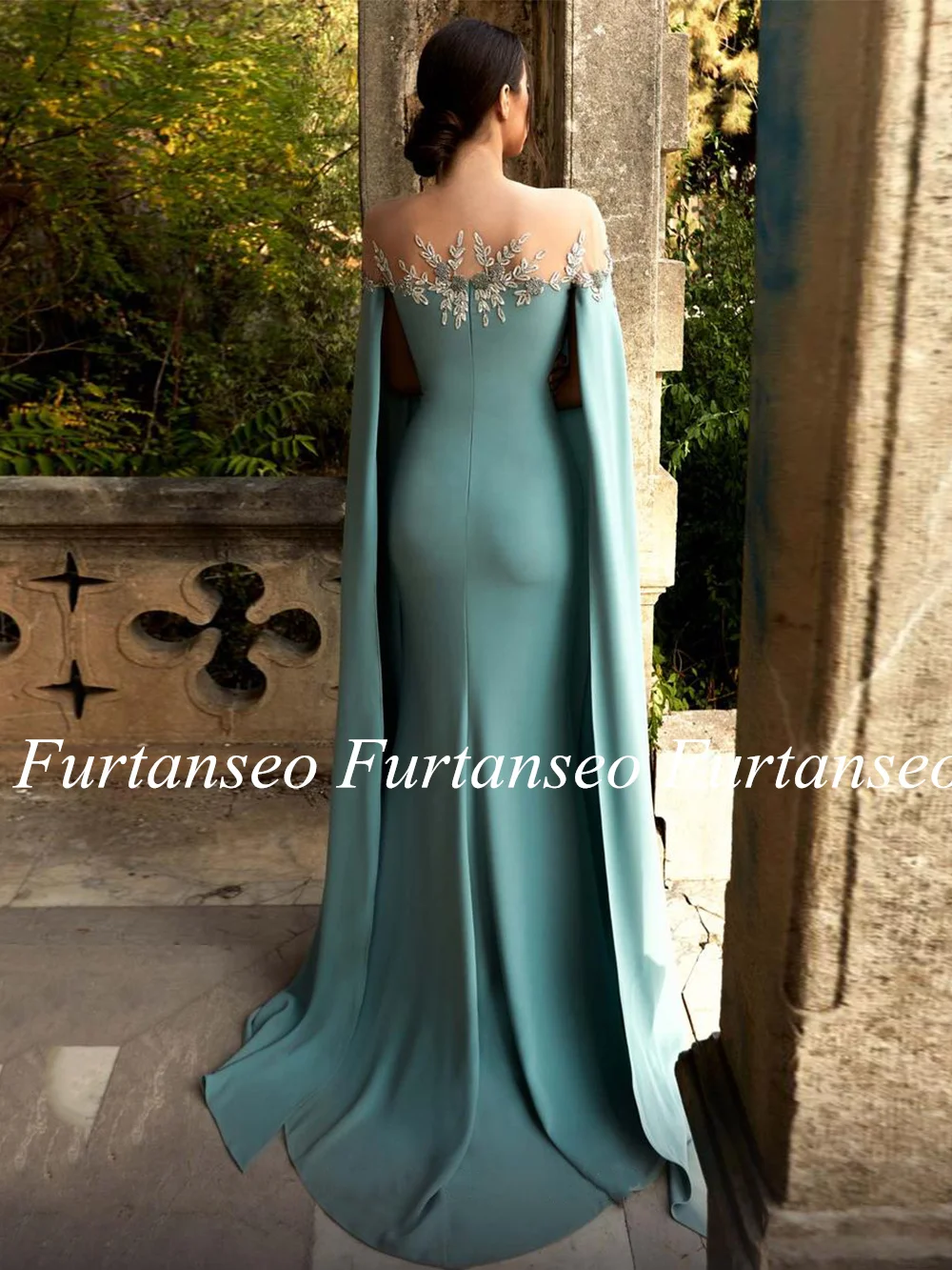 Sexy Arabian Prom Dress Sheer Round Neck Long Sleeve Cape Sequin Applique Mermaid Evening Dresses for Woman Robe De Soiree