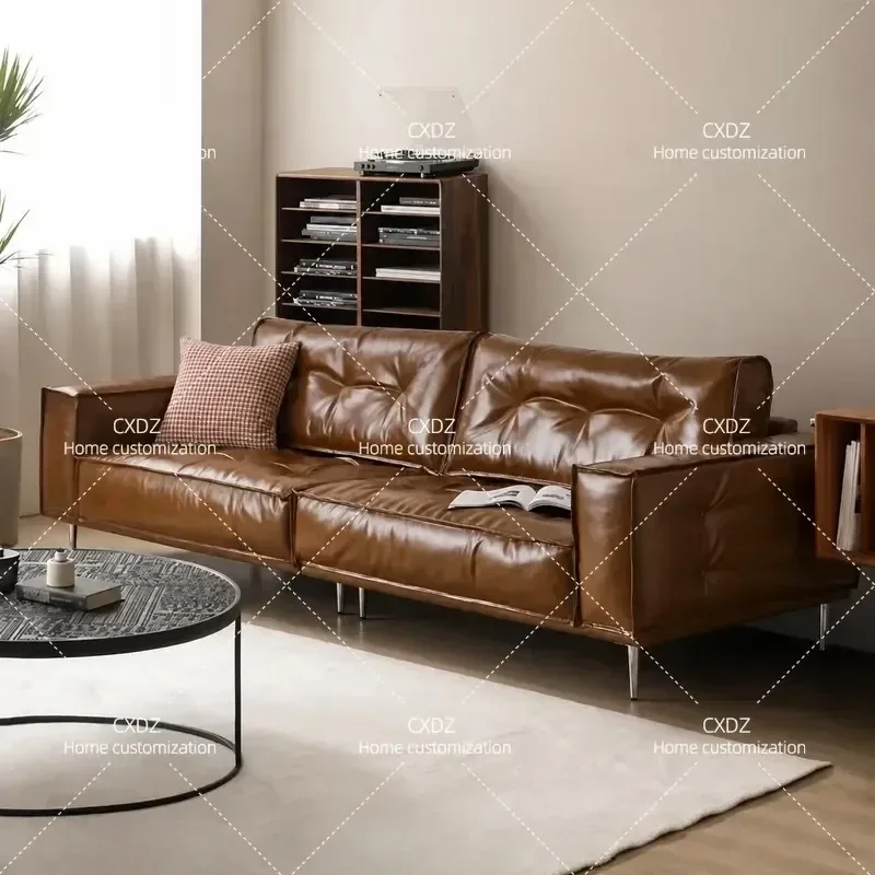 French Retro Oil Wax Leather Sofa Living Room Small Apartment Straight Row First Layer Cowhide Tofu Block Antique Sofa