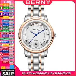 BERNY-Relógio de pulso numerais romanos feminino, relógio quartzo feminino, dia e data, relógios calendário, vidro safira, pulseira de aço sólida