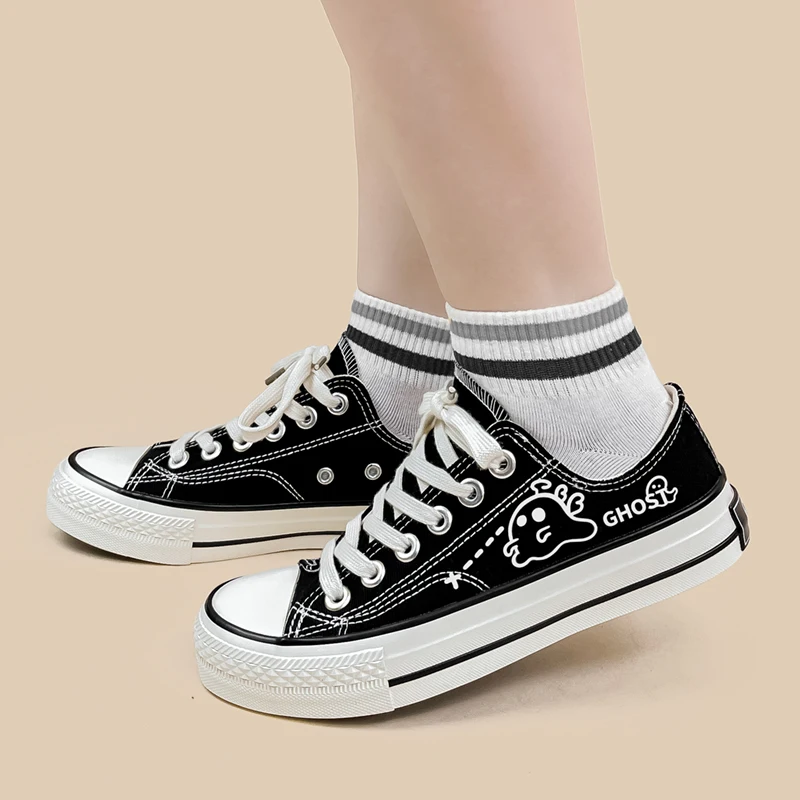 Amy and Michael Cute Girls Students Flat Casual Canvas Shoes Black Low Top Sneakers Female Woman Vulcanize Shoes