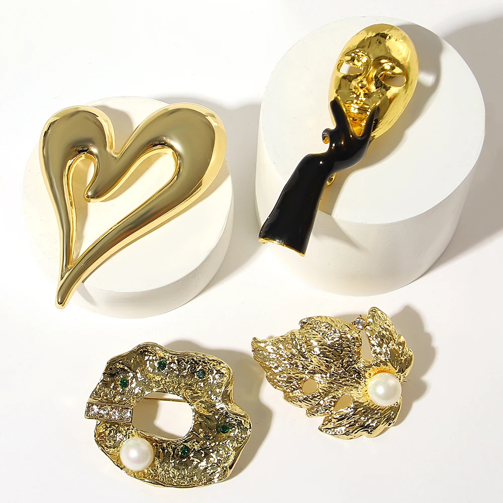 ALLYES Vintage Pearl Metal Brooches for Women Irregular Gold Color Leaves Enamel Hand Geometric Brooch Pins Accessories Gifts