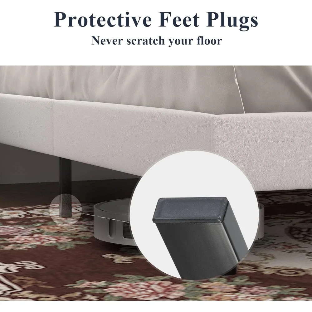 إطار سرير بمنصة كوين قابل للتعديل مع لوح رأسي من الجلد الصناعي وخياطة ماسية وشد أزرار ودعم شريحة خشبية #6