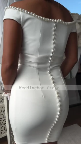 Imagen 2 del producto Vestidos de cóctel de tubo para mujer, vestidos de cóctel de columna con cinturón y cuello en V con perlas y hombros descubiertos, vestido de fiesta Formal corto de color marfil Mini