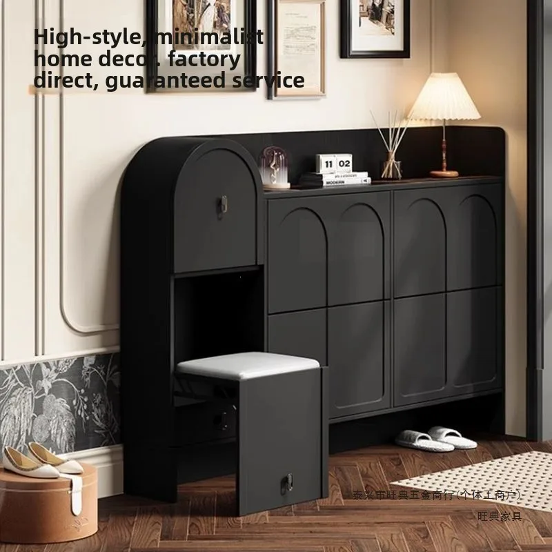 Simple French retro shoe cabinet, shoe stool integrated door entry against the wall Tipping bucket entrance Black solid wood