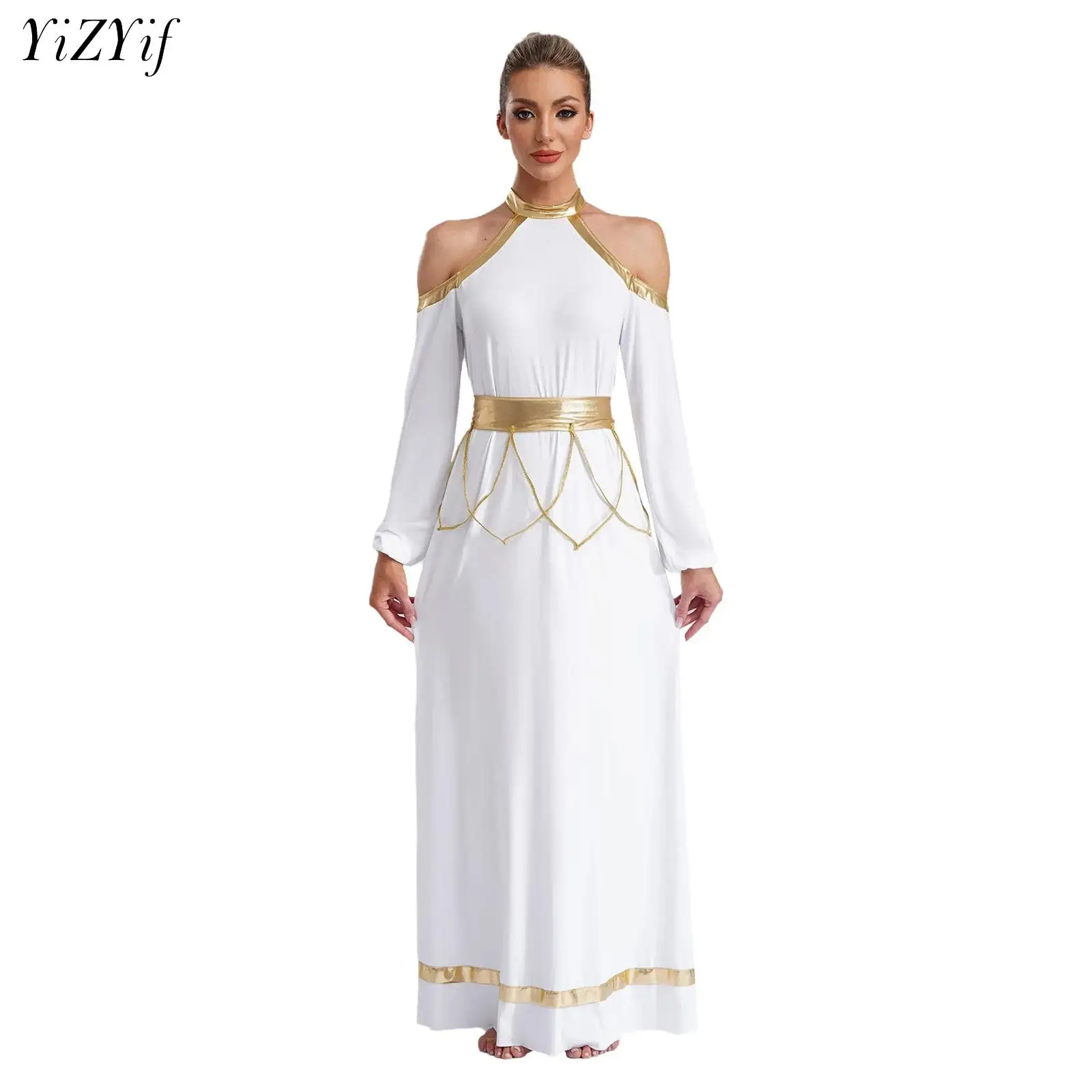 

Women Liturgical Praise Dance Costume Worship Church Modern Performance Dancewear Long Sleeve Metallic Lyrical Leotard Dress