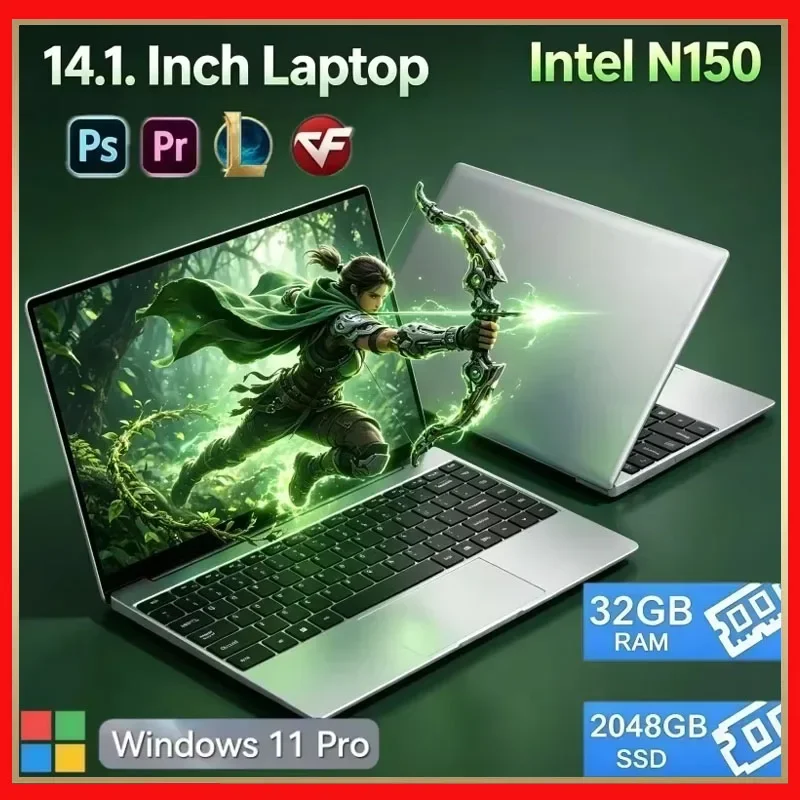 New 14.1' Laptop Intel Core N150 32GB 2TB Gaming PC Ultra Slim Office Study Computer PC Windows 11 Pro 1920*1080 HD