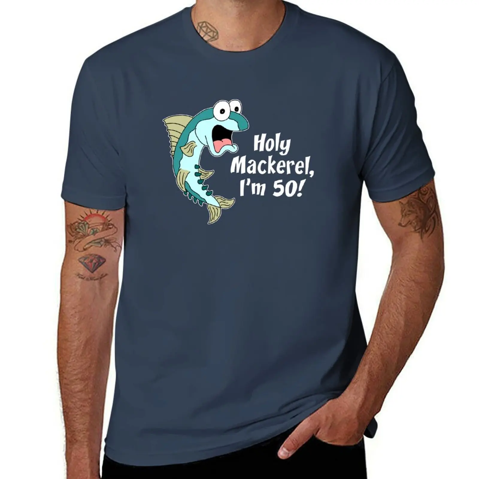 Holy Mackerel I'm 50 Funny Cartoon Fish T-Shirt Fashion Casual Short Sleeve Top