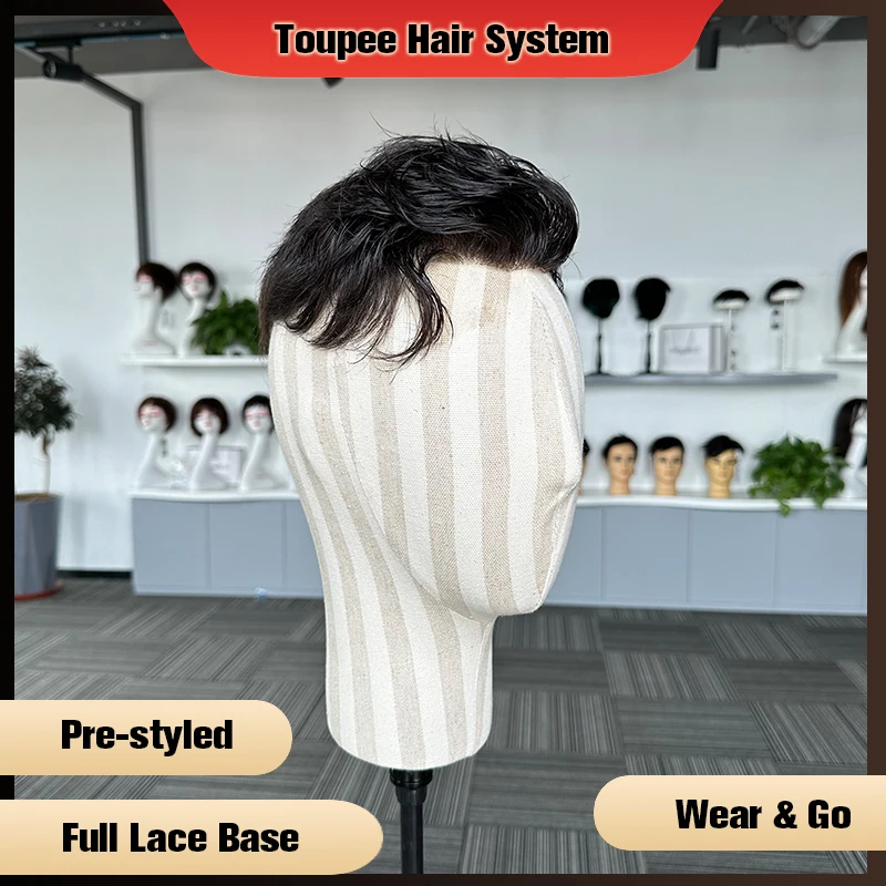 Pre Styled Full Lace Base Toupee For Men Breathable Male Prothesis Hairpieces Human Hair Replacement Systems Unit Men\'s Wig