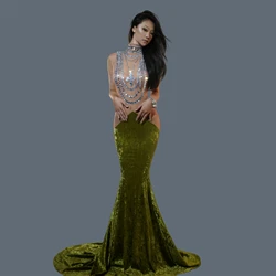 Sparkly Rhinestone Green Velvet Prom Long Dress For Women Mermaid Dress Elegant Graduation Dress Wedding Evening Dress Xinyang
