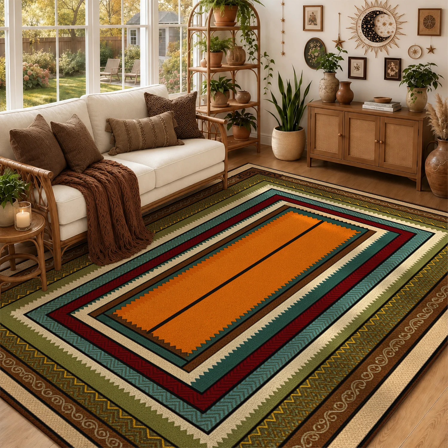 Vintage Concentric Rectangular Border Pattern Area Rug Velvet Fabric Machine Washable Durable Floor Mat for Living Room Bedroom Entryway Dining Room Halloween Thanksgiving Christmas New Year Holiday Decor