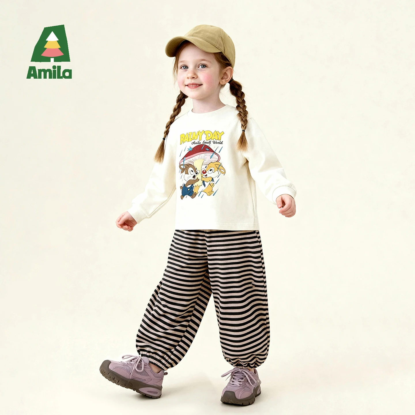 Amila Spring Fashion Children's Casual Pants With Elastic Waist And Toe Tight Stripe Elements For Comfortable Skin Friendly