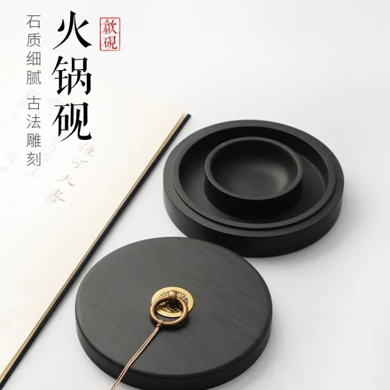 Hot Pot Inkstone with Cover for Chinese Calligraphy Sumi Drawing Kanji Ink Highly Moisturizing Natural Stone Wavy 3