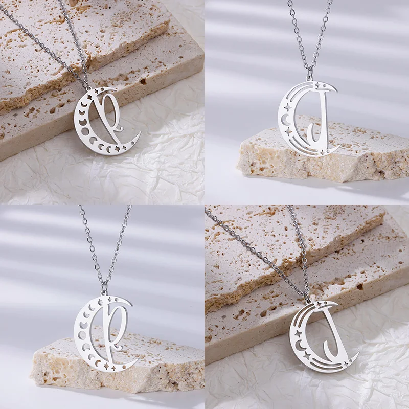 Hollow Moon Initials Waterproof Stainless Chain Necklace Jewelry Silver Color Aesthetic Necklaces For Women Neck Jewelry Choker