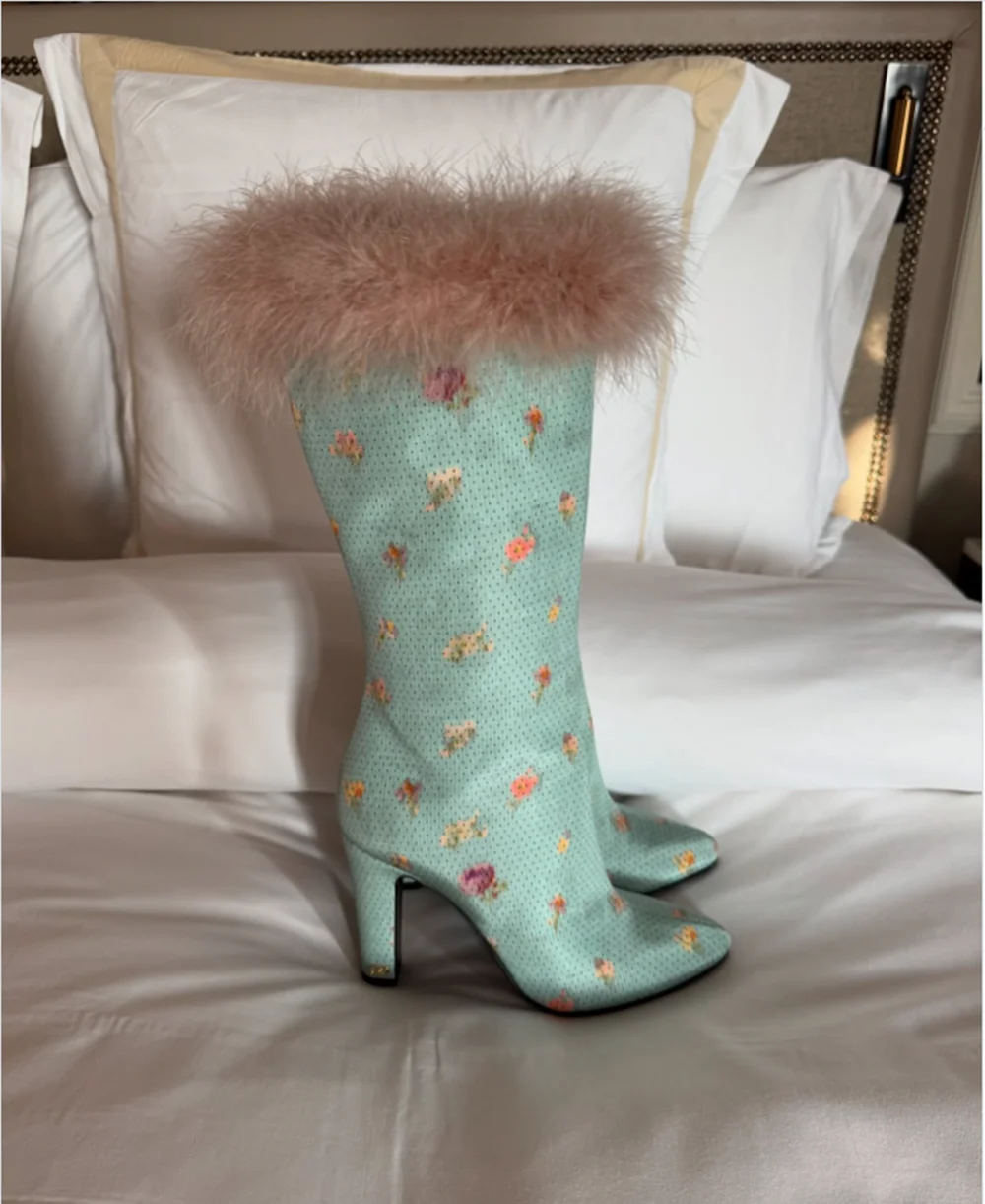 

Light Green Floral Leather Knee-High Boots Blush Faux Fur Cuff Pointed Toe Block Heel Winter Fashion Women's Boots Outfits