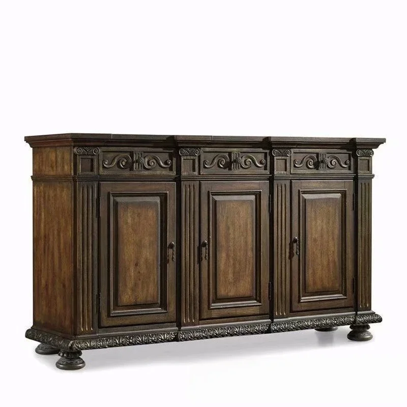 

American oak solid wood dining edge retro old carved three-door entrance cabinet, foyer decorative cabinet