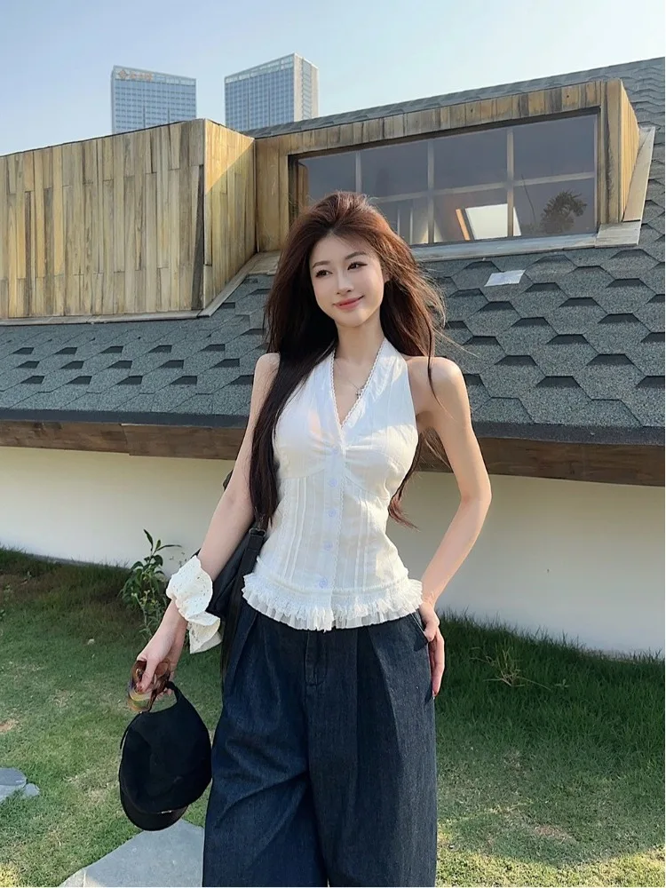 Estate New Sle White Lace ter Ne ort Vest Faion V-ne da donna Top dimagrante Pendolarismo Sle Lunghezza regolare