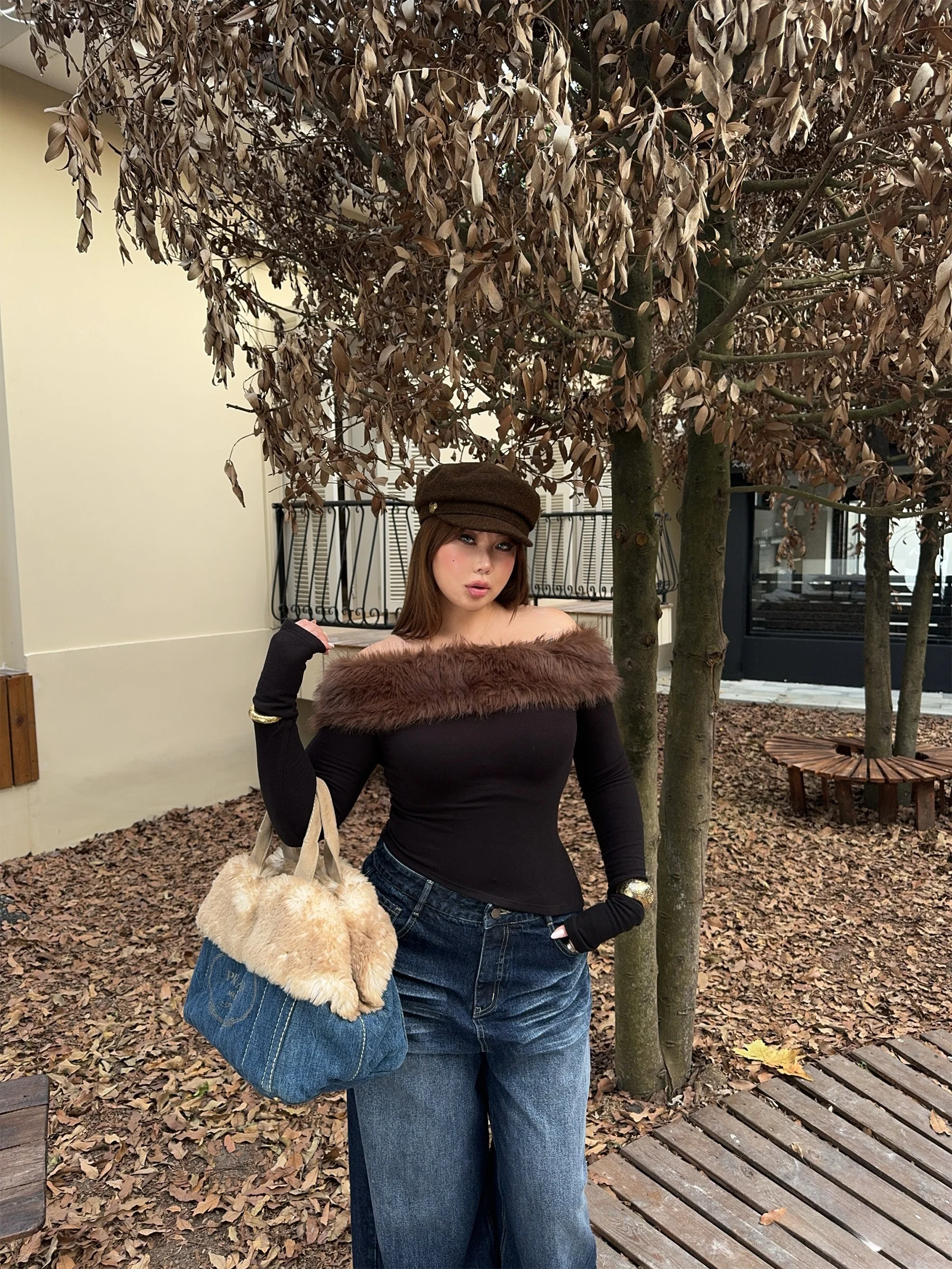 

Boolibyoo Faionable plus Size Knitted Double Faced Velvet Detachable Fur Collar Top Spicy Girl Sle Cotton Blend Long S...