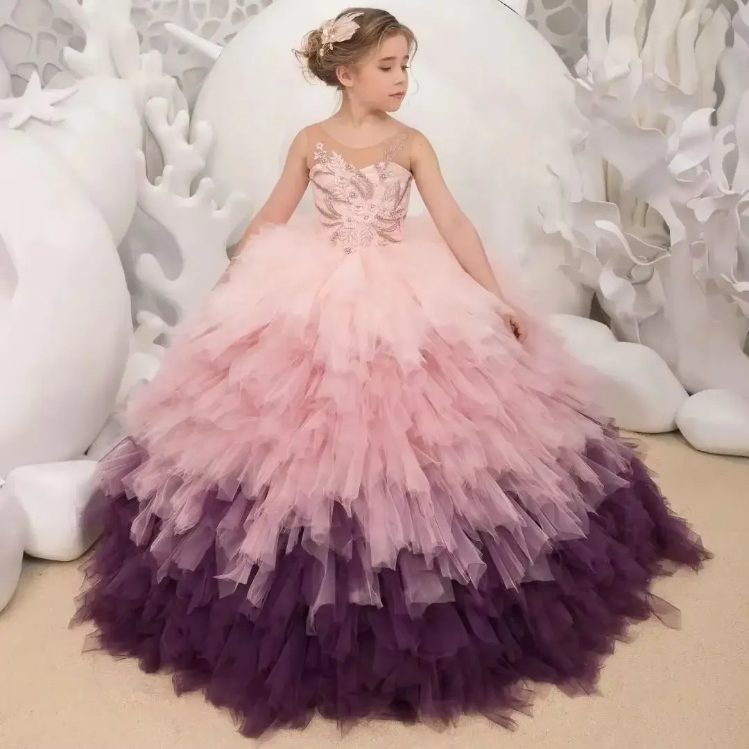 Custom Flower Girl Dress Wedding Party Birthday Pageant One Shoulder Beaded Tiered Ombre Tulle Ball Gown Princess Dress for Kids