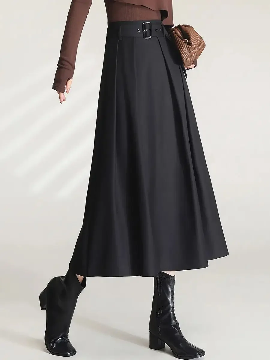 LOUIS YAO Women Dress Skirt 2023 Autumn High Waisted Pleated Long Skirt with Removable Waistband A Line Women's Long Dress