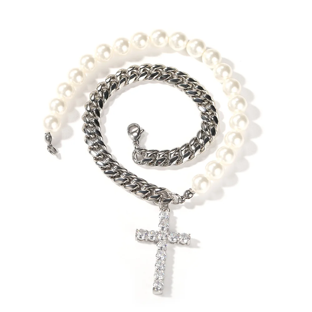 

Cross Pendant Stainless Steel Pearl Beaded Chain Bling Bling Iced Out Chains Necklace Fashion Hip Hop Jewelry BN100