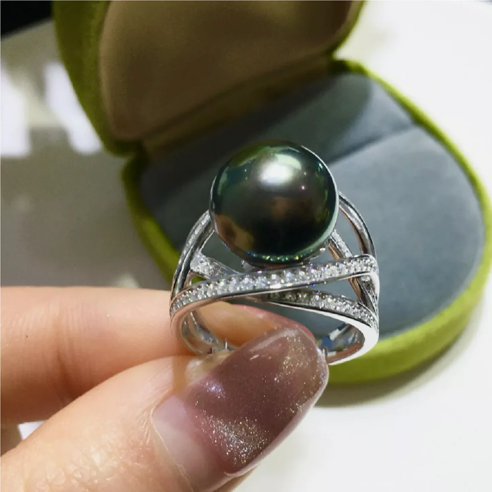 Bestselling AAAA+11-12mm Nanhai Black Green Round Pearl Ring 925S 10-11mm