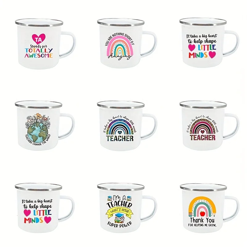 Teacher Appreciation Rainbow Pattern Enamel Cup Coffee Mug Good Gift for Teacher Birthday Christmas Halloween New Year Outdoors