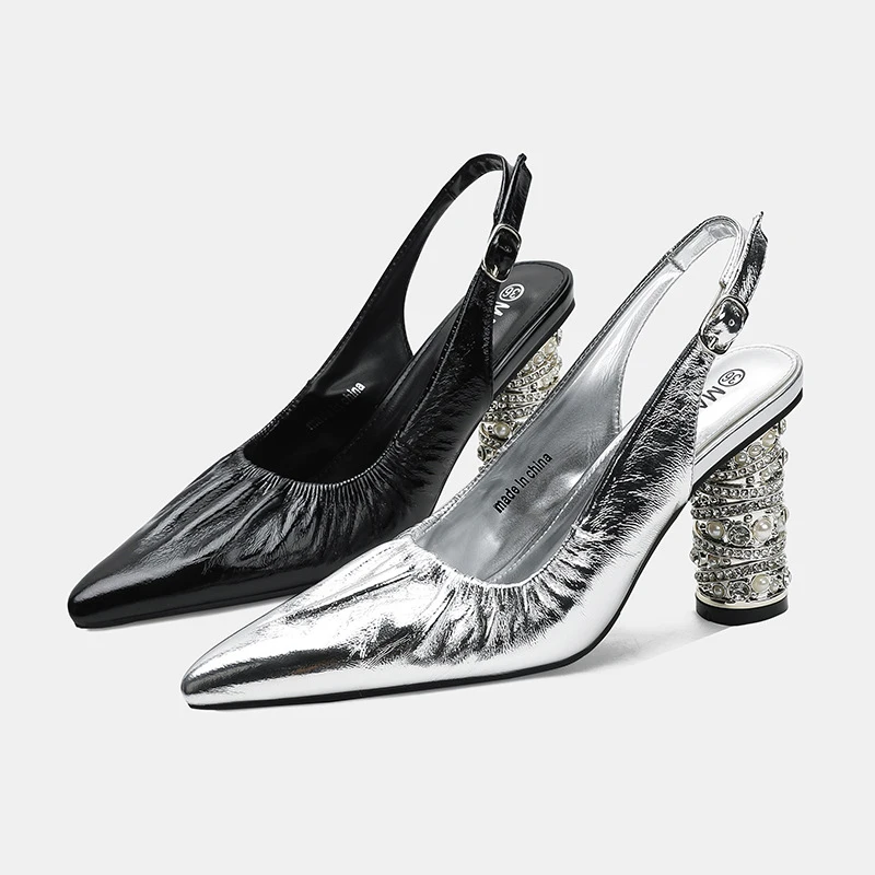 French-style pointed-toe rhinestone genuine leather high-heeled shoes for women - view 5