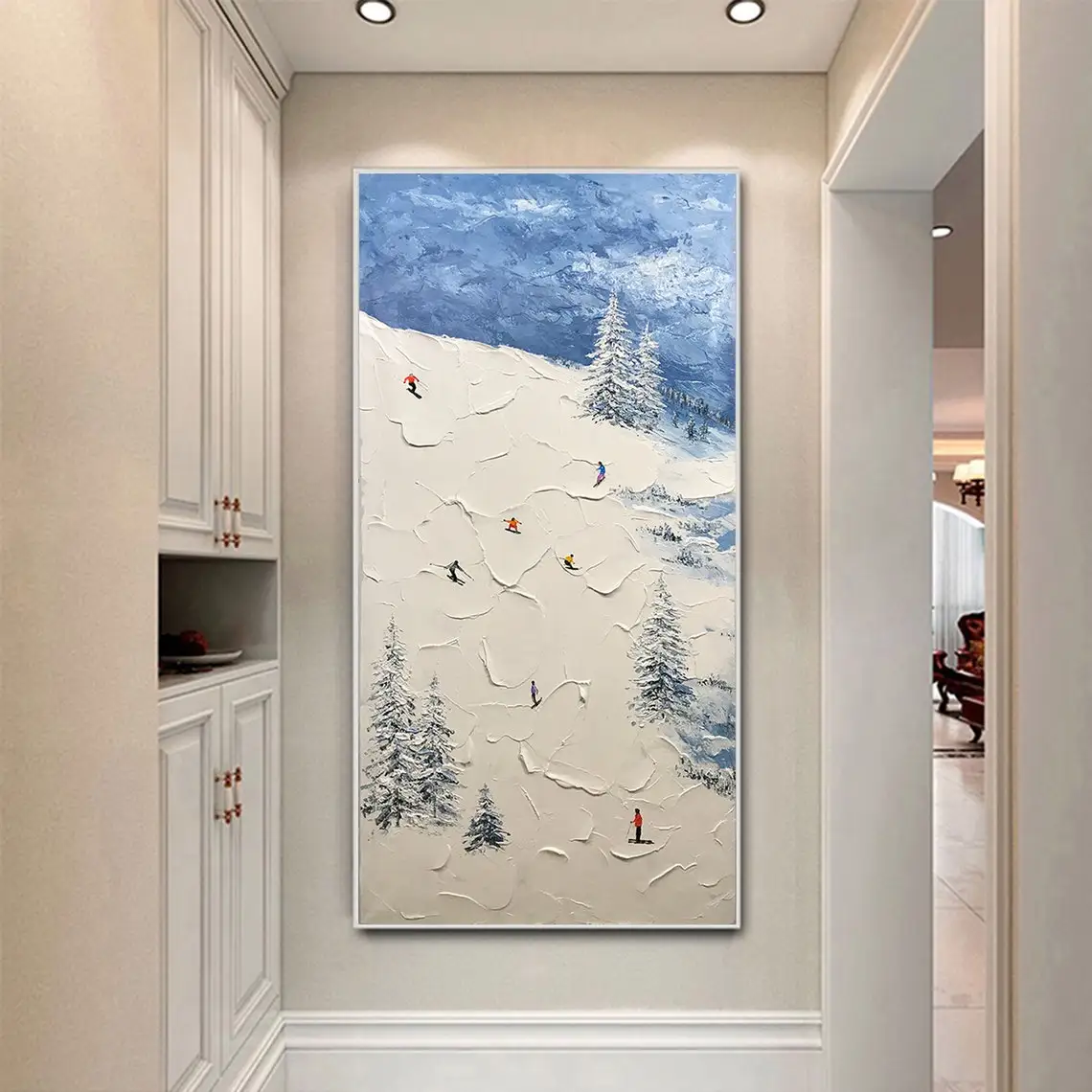 

Ski Sport Hand Painted Oil Painting Winter Decor Texture Wall Art Personalize Gift Skier on Snowy Mountain White Snow Skiing Art