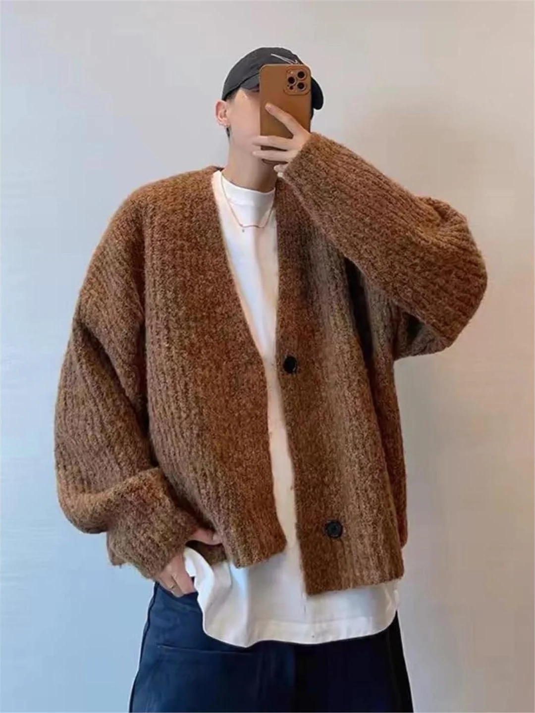 

Свитер в американском стиле ретро, кардиган, мужской, широкий, свободный, вязаный, осенне-зимний, ленивый, High End, верхняя одежда CleanFit