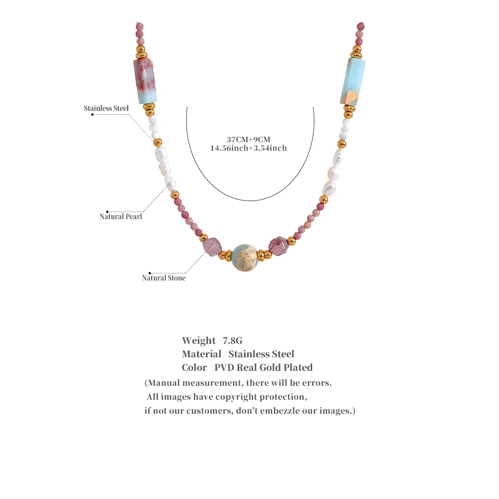 Yhpup Natural Stone Freshwater Pearls Rhodochrosite Beads Chain Trendy Handmade Necklace Golden Summer Stainless Steel Jewelry