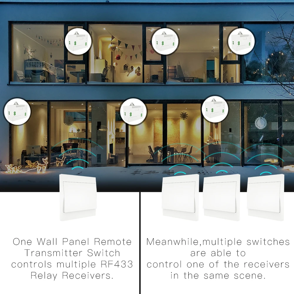 MOES RF433 Wireless Switch No Battery Remote Control Wall Light Switch Self Powered No Wiring Needed Wall Panel Transmitter.