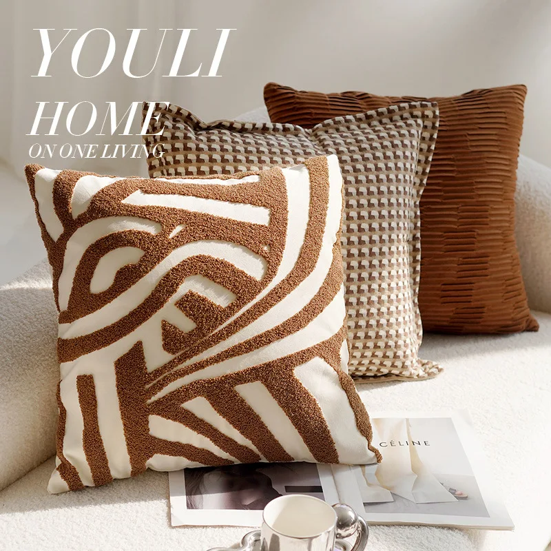 

Cream Premium Retro Knotted Cushion Cover Decorative Pillowcase Brown Waist Pillow Cover with Core for Sofa Bed Bay Window Decor