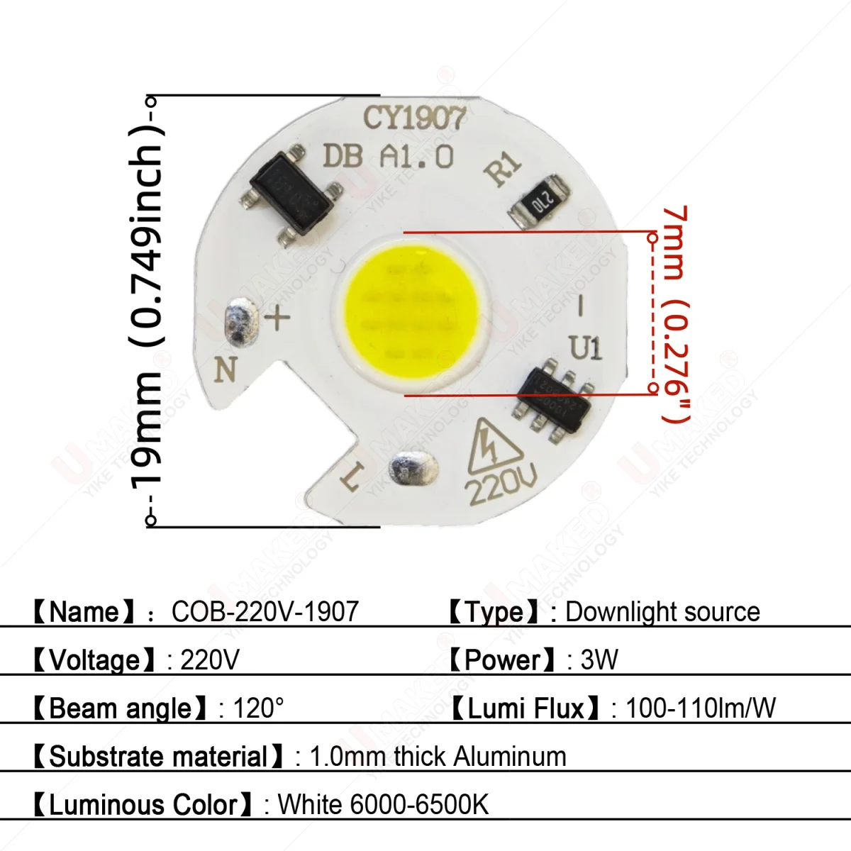 10pc 19mm 220V LED downlight source Chip 3W COB Bead 7mm white 6000K aluminum PCB plate COB diy indoor bulb spotlight tracking