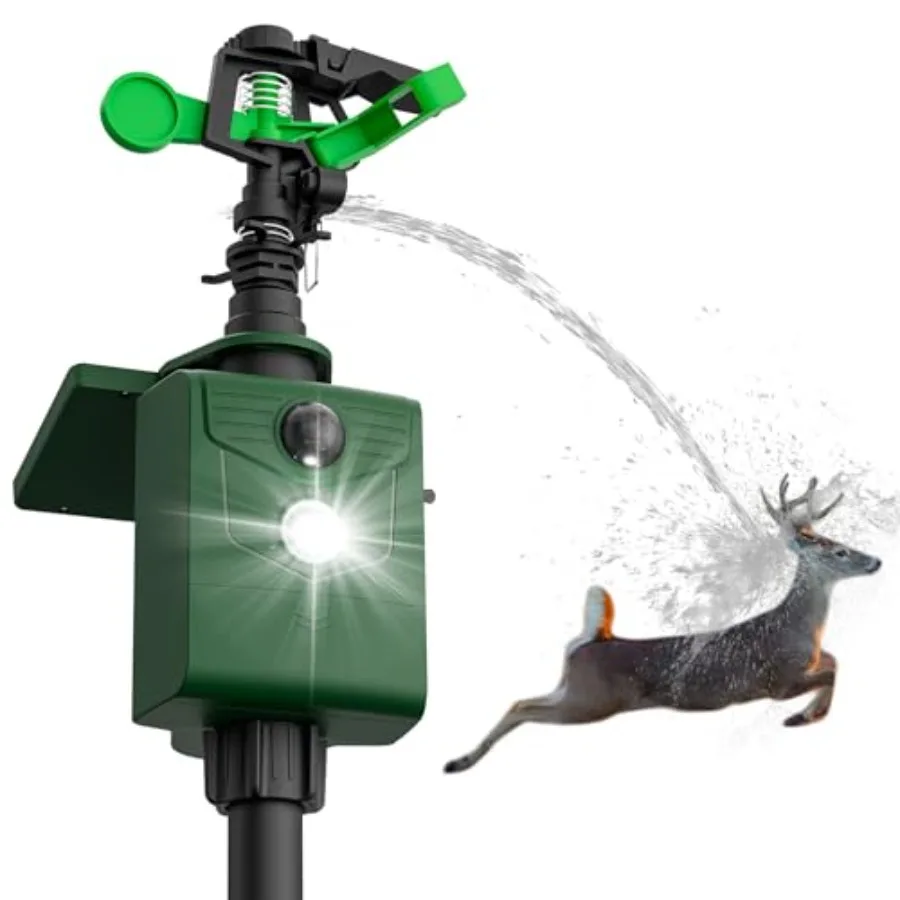 Garden and farmland use: solar-powered motion sensor deer repellent sprinkler with flashing lights, ABS plastic body, white col