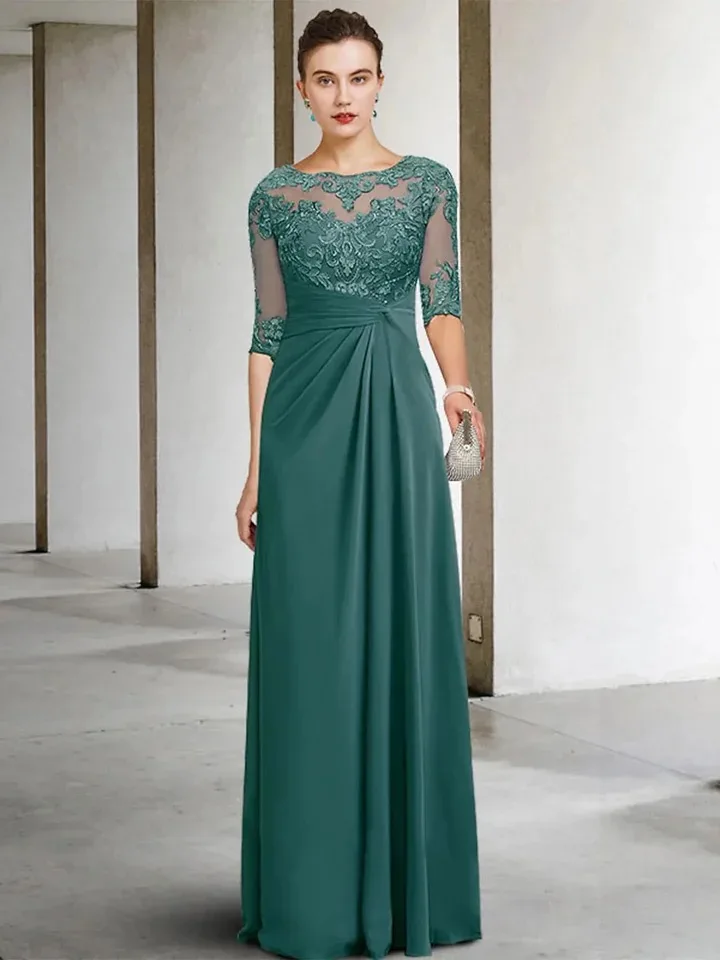 

Green Chiffon Mother of the Bride Dress Half Sleeve Applique Lace Pleated Floor-Length O-neck for Women Celebrity Evening Gowns