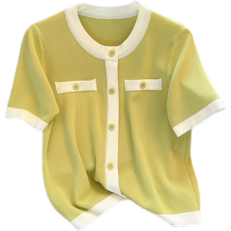 تي شيرت فضفاض من الحرير الجليدي ort Sve تي شيرت نسائي صيفي جديد Sle صغير Fraance محبوك irt مستدير Ne Color Blo النسخة الكورية #4