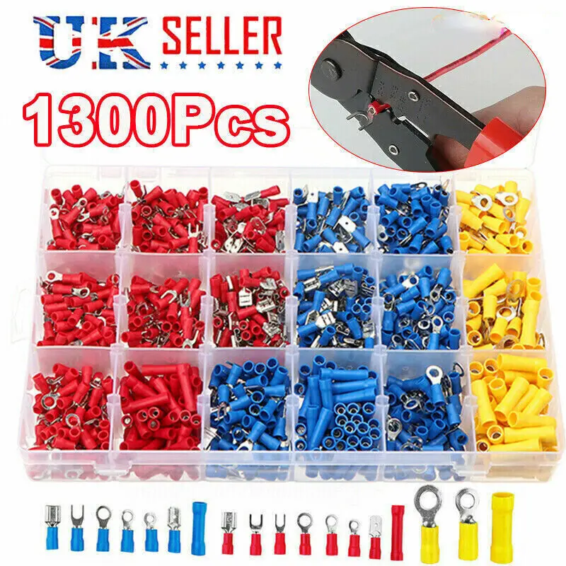 1300 ASSORTED INSULATED ELECTRICAL WIRE TERMINALS CRIMP CONNECTORS SPADE SET UK