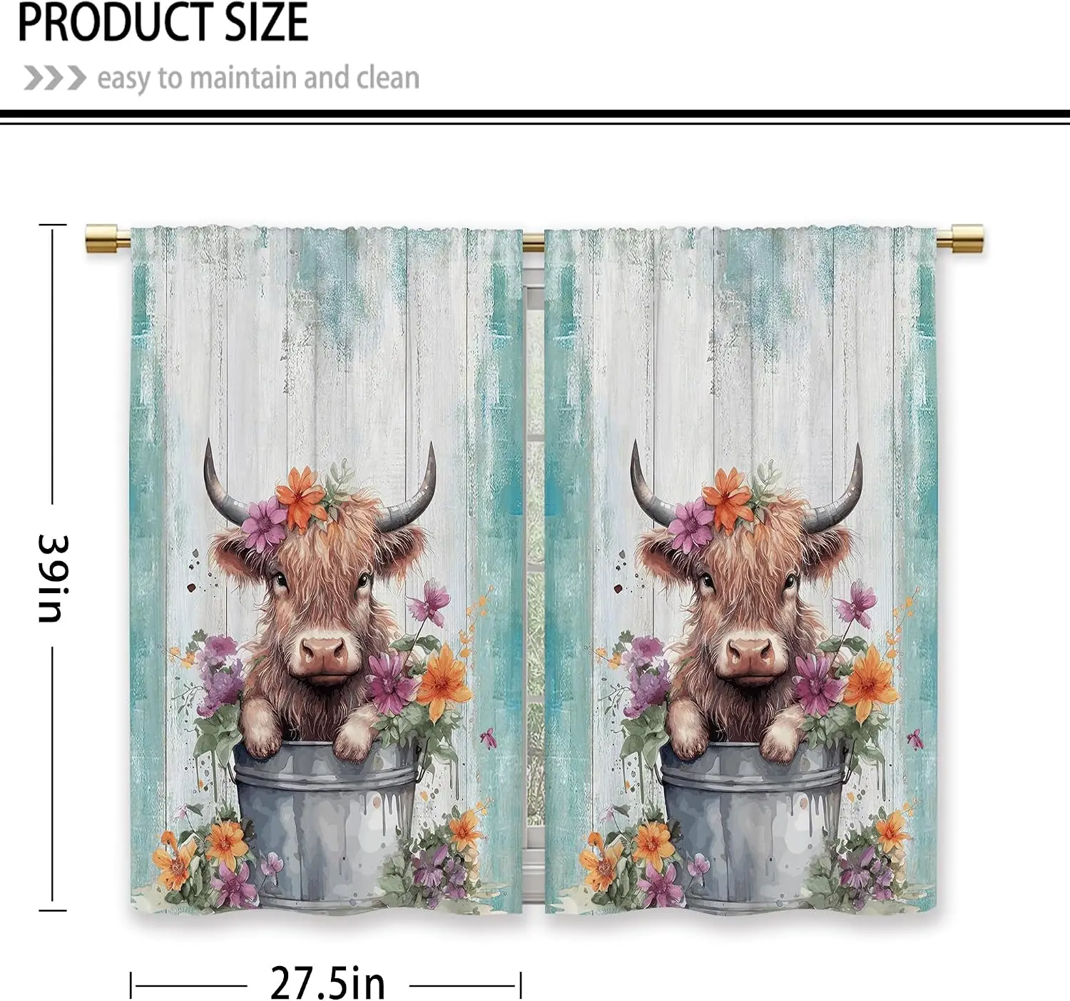 Cottagecore Floral Cow Curtains Rustic Farmhouse Window Panels Bohemian Cottage Style Waterproof Daylight Filtering Privacy Deco