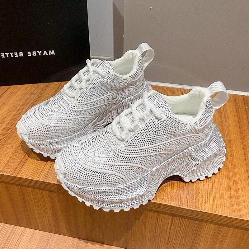 7CM Women's Shoes Exquisite Rhinestone Chunky Sneakers for Woman Comfort Casual Shoes Luxury Designer Shoes Zapatillas De Mujer