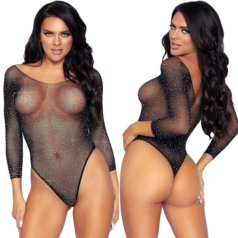 

Hot Sexy Lingerie Women's Fashion Long Sleeve Top High Elasticity Rhinestone Bodysuit Plus Size Mesh Temptation One-piece Shorts