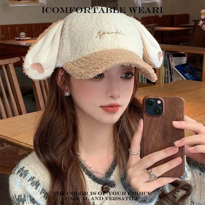 ظلة اللون كتلة الدافئة بلغت ذروتها قبعات تنوعا موضة لطيف جديد إمرأة الحب آذان أرنب رسالة التطريز منقوشة قبعات البيسبول #4