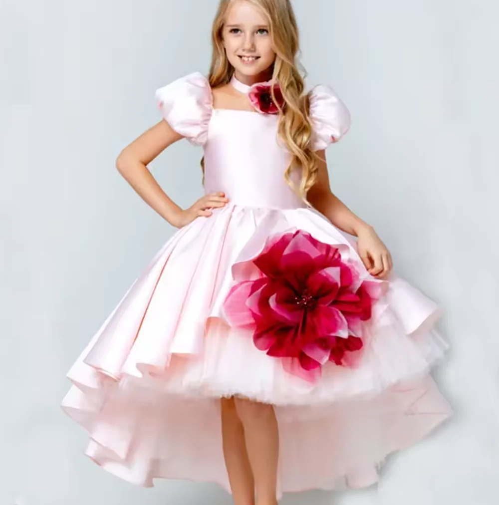 

Elegant Square Collar Pink Girl Dress with 3D Flowers Satin Ball Gown for Kid Wedding Birthday Communion Party