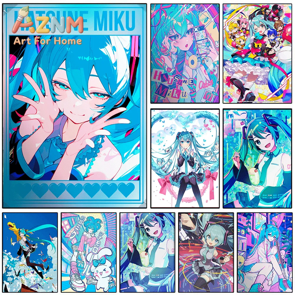 AZNM Hatsune Miku Colorful Pop Art Canvas Painting, Frameless Canvas Wall Art, Virtual Singer Anime Wall Painting for Bedroom