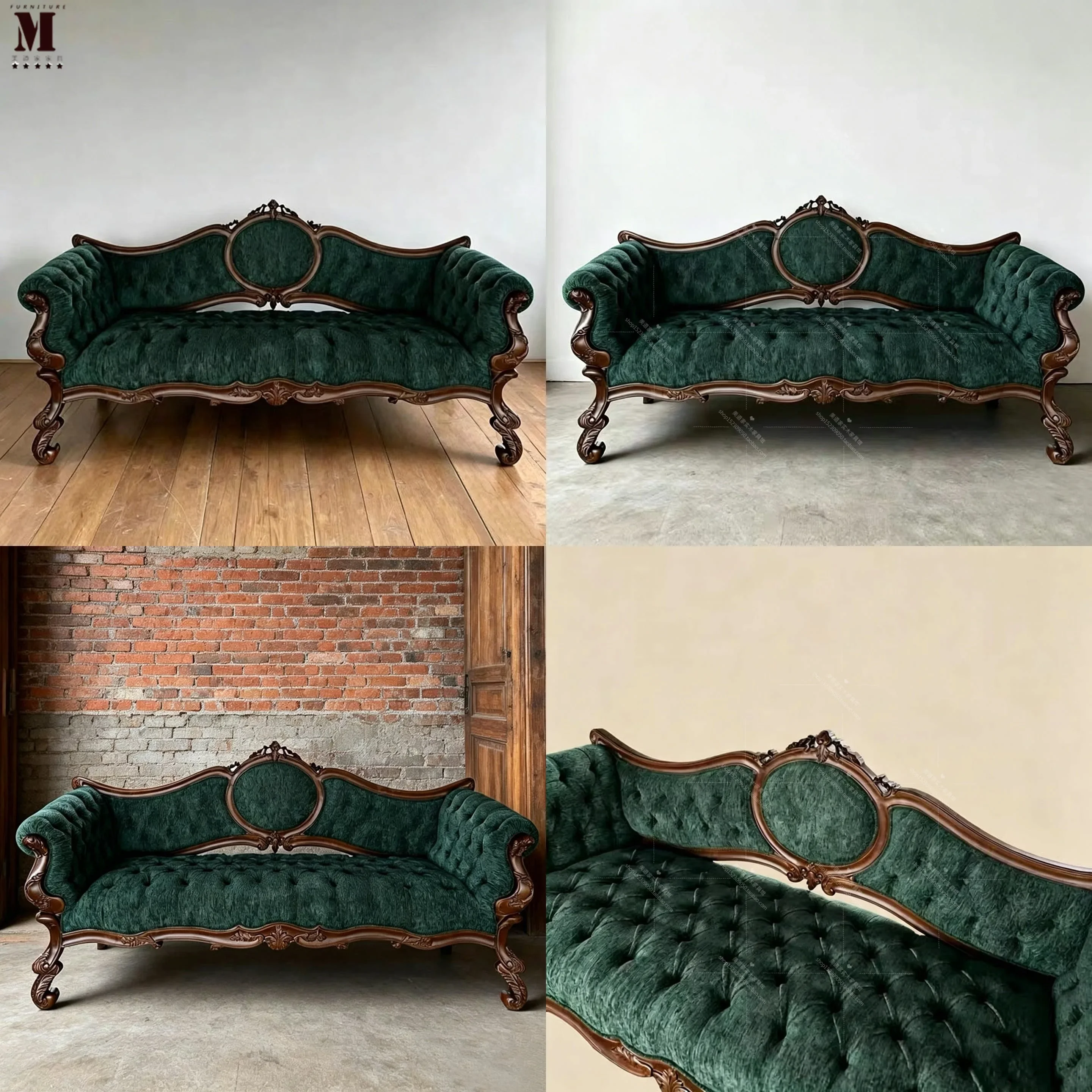 81 N European Vintage Solid Wood 3-Seater Sofa Rococo Green Tufted Upholstered Couch for Living Room Photography