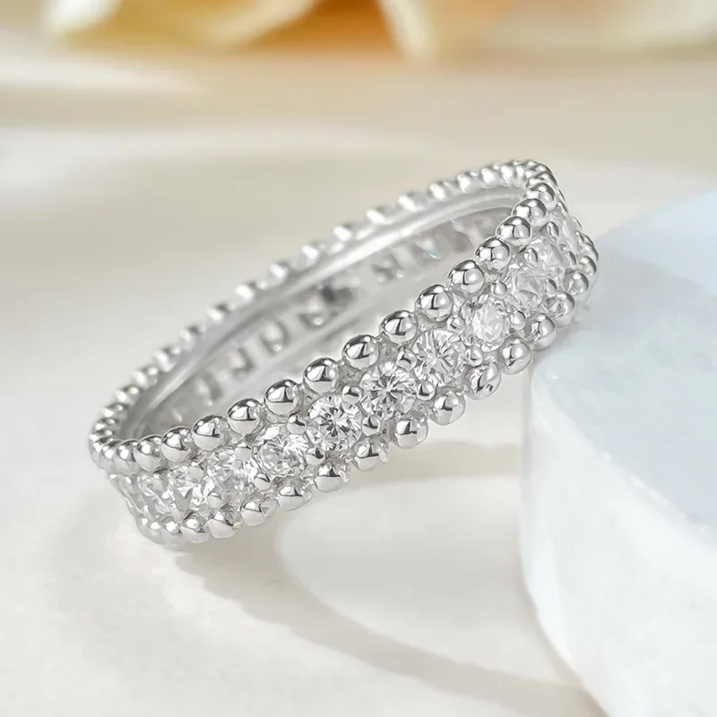 925 Silver Simple Narrow Edition Single Row Diamond Full Sky Star Bead Edge Ring for Female Couples Wedding Ring