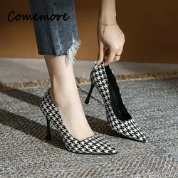 Comemore 2024 Pumps Sexy Ladies High Heels Women Houndstooth Metal Pointed Toe Shoes with Elegant Heel Office Stiletto Sandals