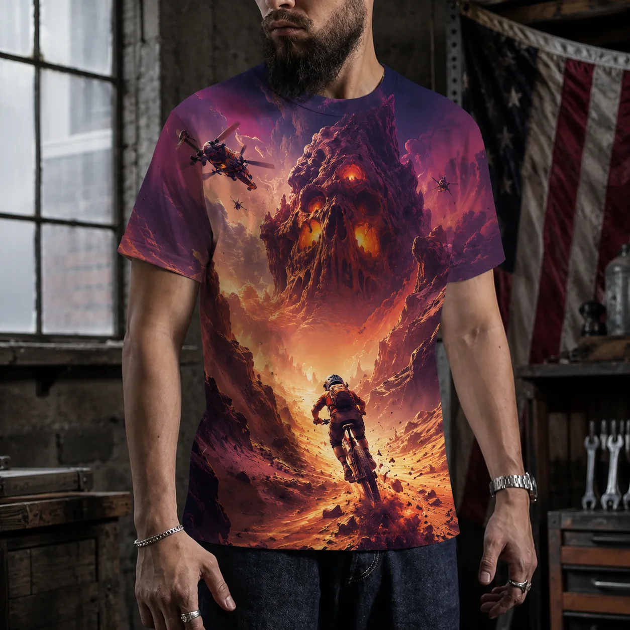 Men’s 3D All Over Print T Shirt Lava Mountain Skull Monster Downhill MTB Rider Graphic Short Sleeve Crew Neck Cycling Sports Tee
