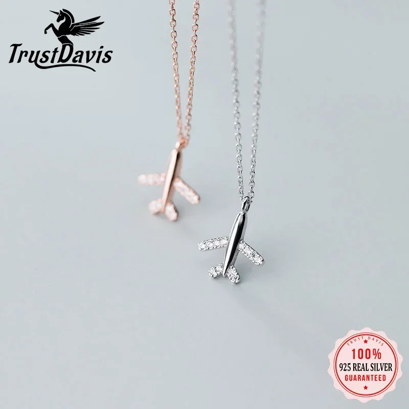 Trusta Authentic 925 Sterling Silver Fashion Travel Plane Twinkling CZ Pendant Short Necklace For Women Silver 925 Jewelry DA805