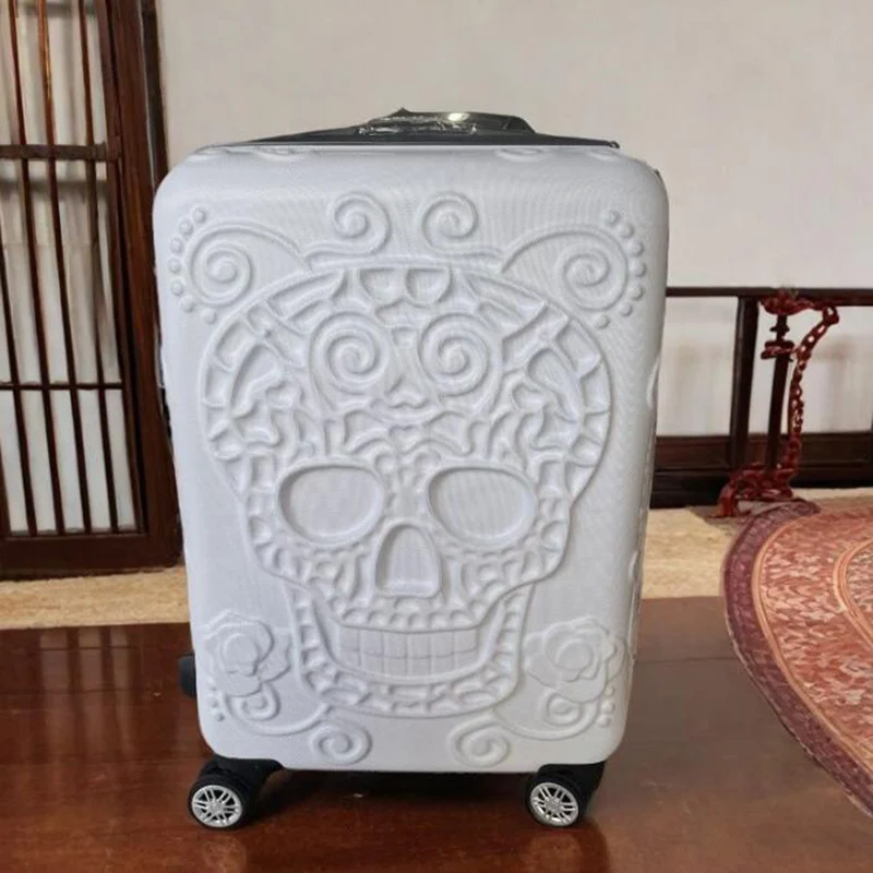 20 inc Black Skull Cabin Rolling Luggage Carry On Size Spinner Hardside Trolley Suitcase On Wheels